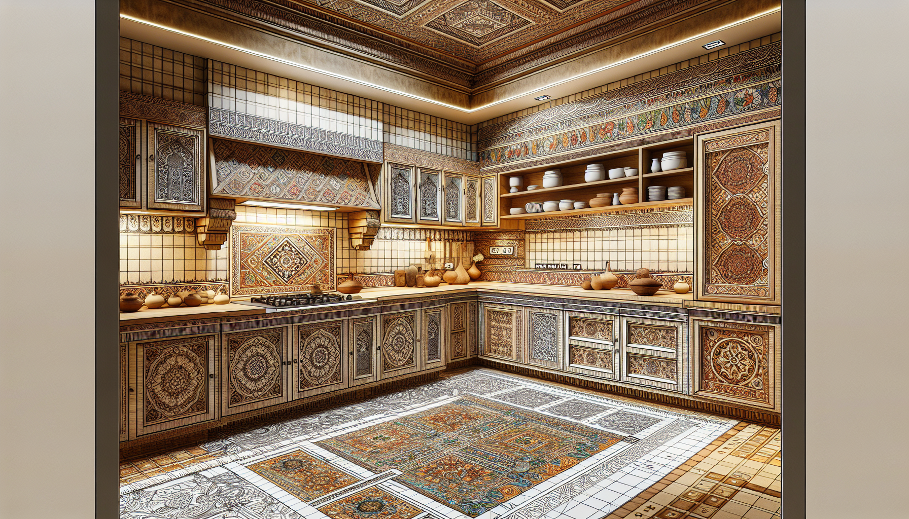 An intricately detailed Chettinad-inspired kitchen with traditional Athangudi tile patterns. The design uses elements typically associated with computer-aided drafting programs like AutoCAD. The image has the sublime aesthetics of a high-quality editorial magazine photograph, portraying warm natural lighting that enhances the colors and textures of the tiles and other fittings in the kitchen. The final image should be of 4K quality to encapsulate all the detailed work.
