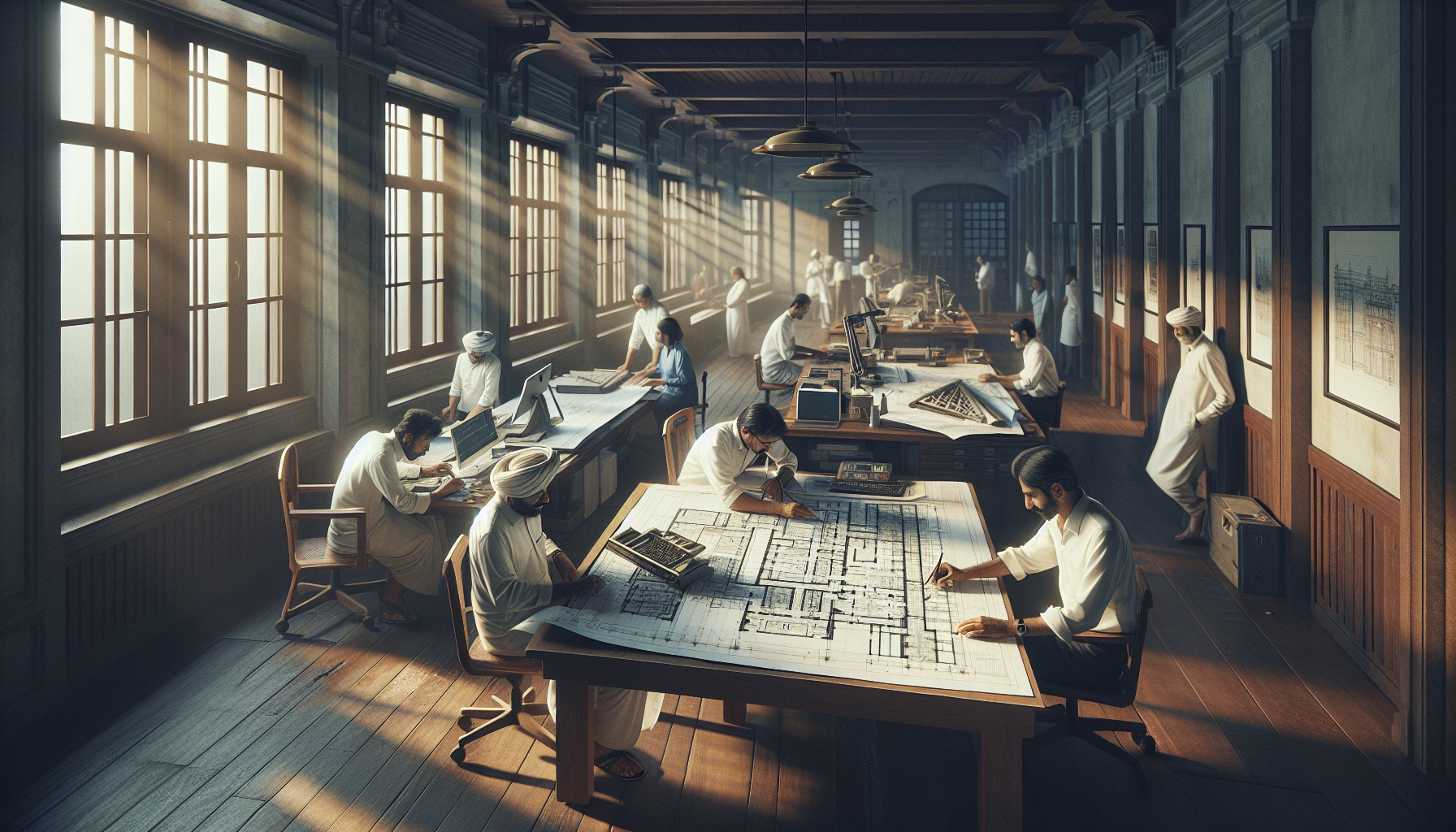 An architectural firm in Mumbai at the height of productivity. Its staff includes South Asian men and women working diligently on their intricate blueprints using AutoCAD. The scene is reminiscent of a captured moment in an editorial magazine, enhancing the realistic details and depth of the office environment. The atmosphere is bathed in the warm rays of natural light seeping into the room, while the high resolution image brings out the sharpness and clarity of the scene, rendering it in 4K quality.