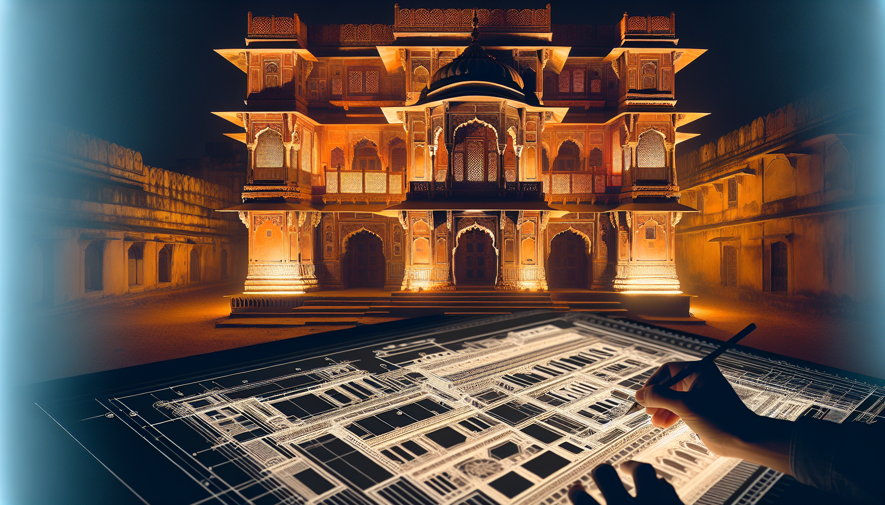 An image of a heritage property in Jaipur, India, being restored with exceptional precision using a digital architectural tool, similar to AutoCAD. The image vividly displays the detailed floor plans and elevations integral to the restoration process. This scene is styled to resemble a feature in an architectural editorial magazine, illuminated with warm natural lighting, emphasizing the intricate details of the historical monument. The image is projected to be of high quality and 4K resolution.