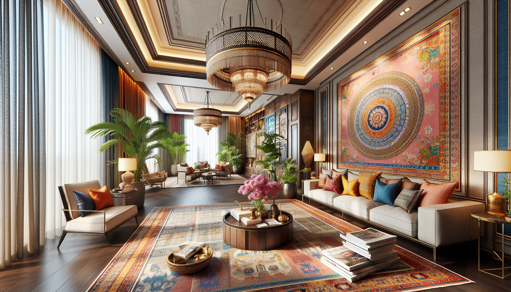 Transport yourself into a digitally rendered living room intricately designed, taking cues from the vivid aesthetics of a Kanjeevaram-inspired theme. Imagine an ensemble of vibrant colors diligently marking the decor elements. The room is gracefully lit, with warm natural light permeating and enhancing the cozy ambiance. An editorial magazine photograph in high-resolution 4K quality captures the beautiful weaving of traditional and contemporary design elements in this room.