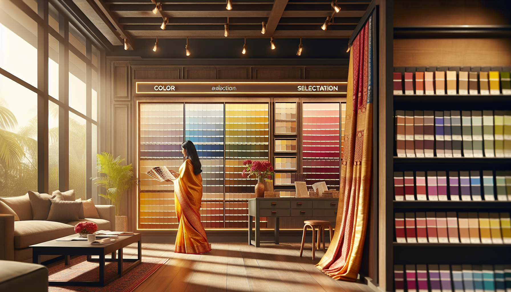 Interior of an Asian paints color selection store with warm, natural lighting. The scene includes a designer of South Asian descent comparing color swatches against a traditional Kanjeevaram saree. The image is framed as if it's an high quality editorial photograph for 4K resolution.