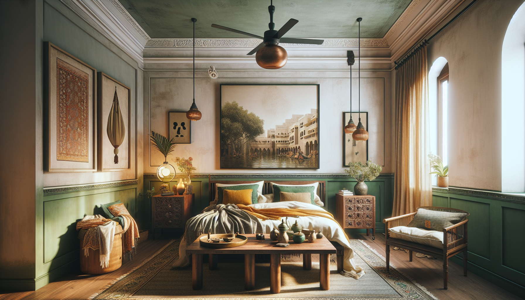 Visualize a serene bedroom situated in India's city of Hyderabad. This tranquil sanctuary is adorned with walls that are painted in a pleasing shade of tea green, likely reminiscent of a product from a reputable paint company. The room is further embellished with finely crafted wooden furniture adding an element of earthiness and warmth. Splashes of Indian textiles introduce an ethnic element, giving the room a unique cultural character. The scene is captured in an editorial magazine-like photograph style, with warm natural lighting bathing the space, enhancing the overall ambiance. The image required is of high quality, designed for 4K display.