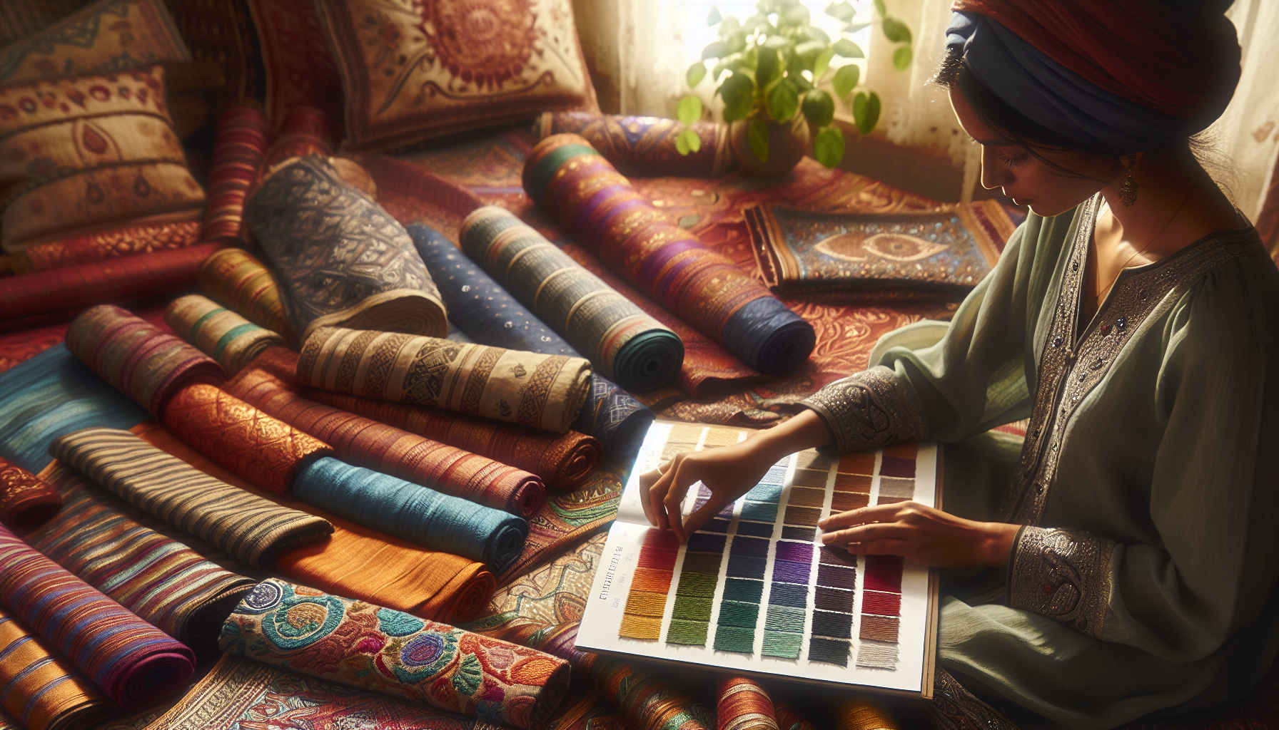 A detailed, high quality 4K image depicting a close-up of a South Asian female designer meticulously matching fabric swatches with paint samples. She is surrounded by rich traditional Indian textiles intricately woven with vibrant colours. The scene is captured in an editorial magazine photography style, bathed in warm natural light, emphasizing the minute details of texture and hue.