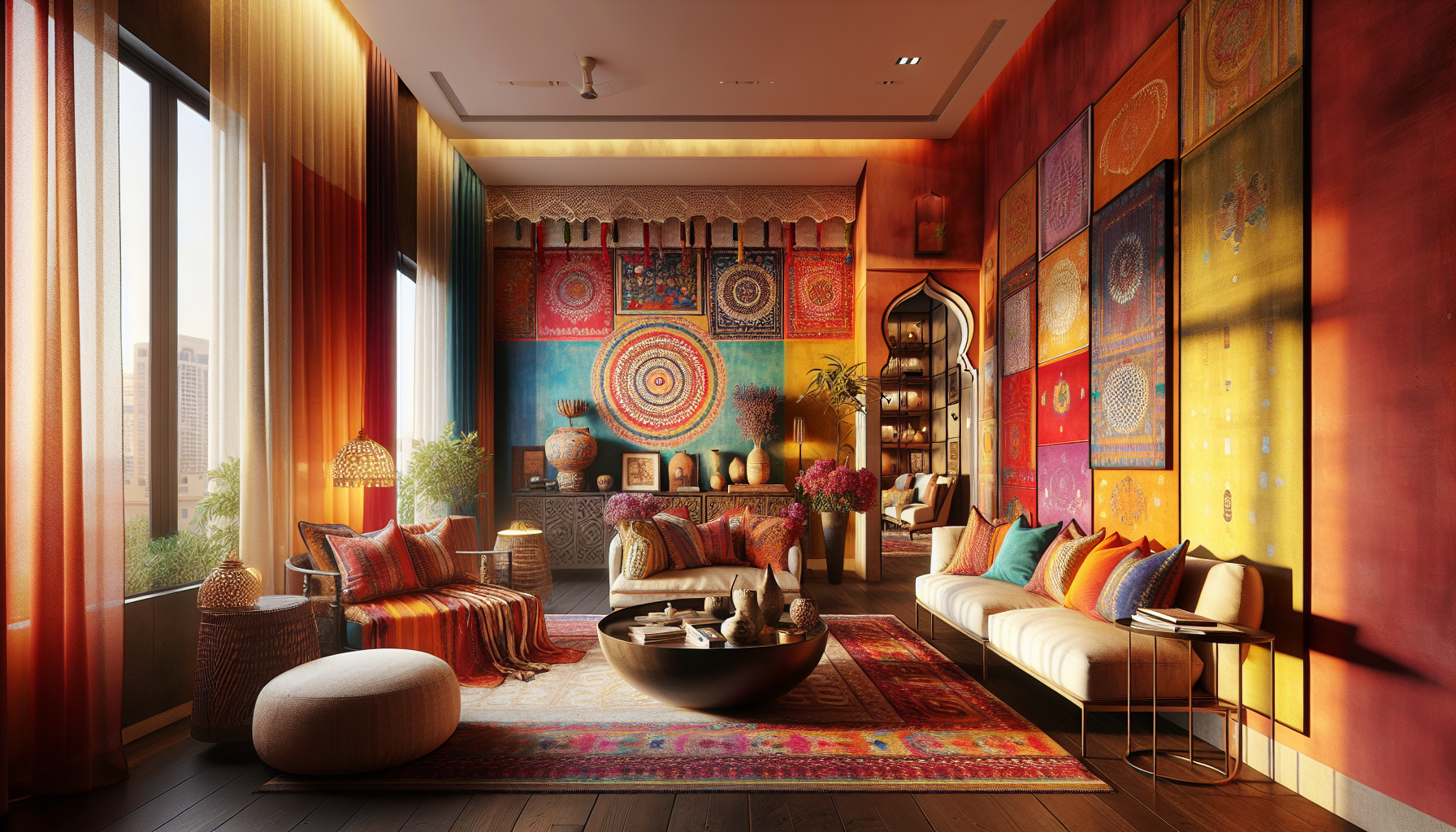 A vividly hued Mumbai apartment drawing inspiration from the rich, traditional colors of Rajasthan. The flat is furnished with contemporary, sleek furniture, and enriched with intricate textures on fabric and walls. The setting is depicted in the style of an editorial magazine shoot, featuring warm, natural lighting that enhances the colors and textures. The image should be of high quality, akin to a 4K resolution photograph.