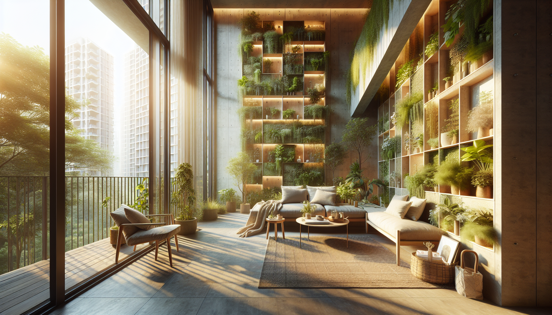 A photograph depicting a sustainable living space located in the city of Pune. The space should feature vertical gardens that add to its green appeal and plenty of natural light shining through. The image is captured in an editorial magazine style highlighting its key features. The mood of the photograph should be comforting and warm, achieved with soft, natural lighting. This image should be of high quality and in 4K resolution.