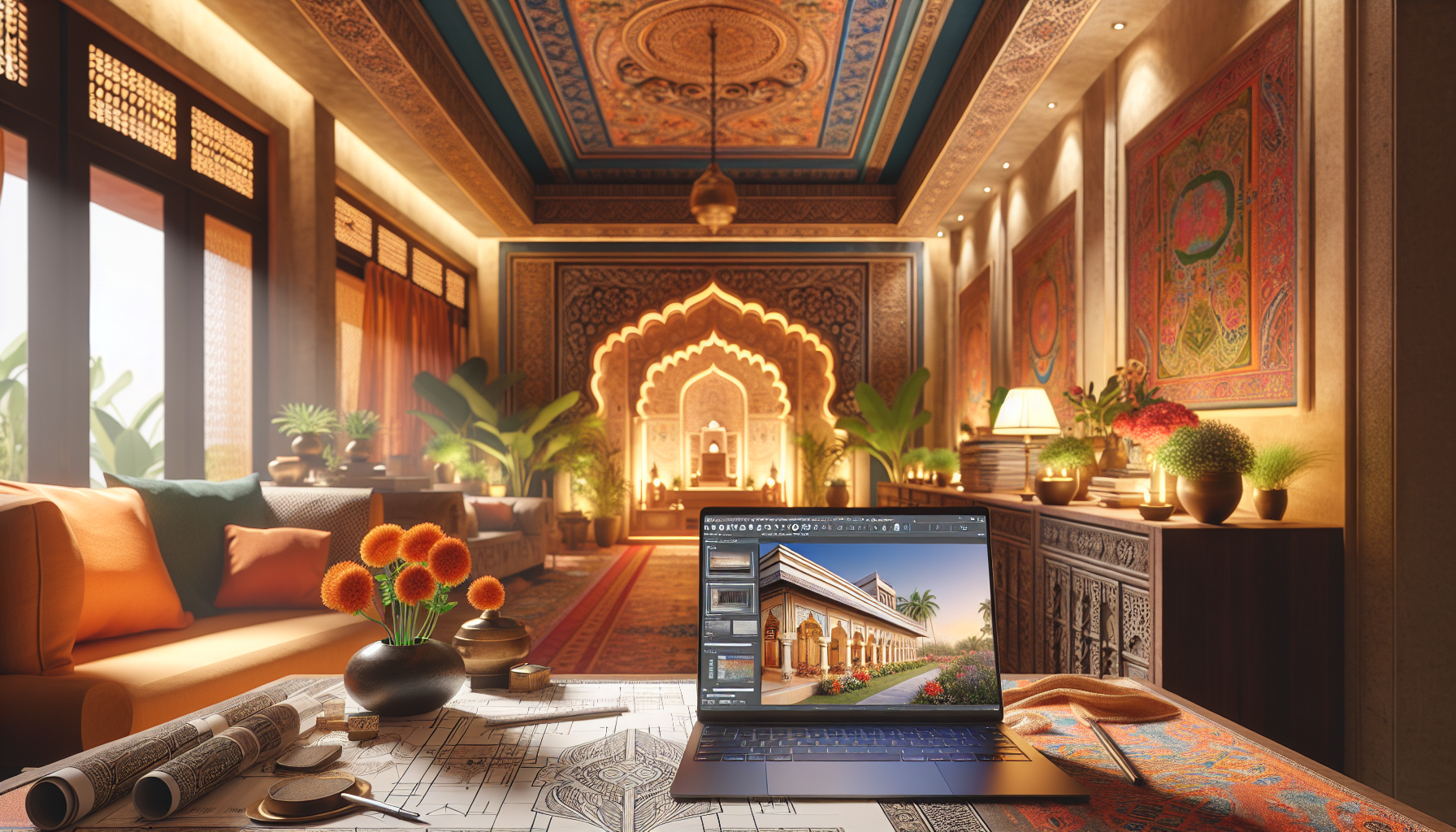 An architect studio in Bangalore showcasing a laptop with 3D renderings displayed on its screen. Traditional Indian decor themes and motifs adorn the space with an aesthetic charm. The picture is to portray the vibrant environment of an editorial magazine photograph, illuminated by the warm glow of natural lighting. The image is crafted for a high-quality visual appeal and has a 4K resolution.