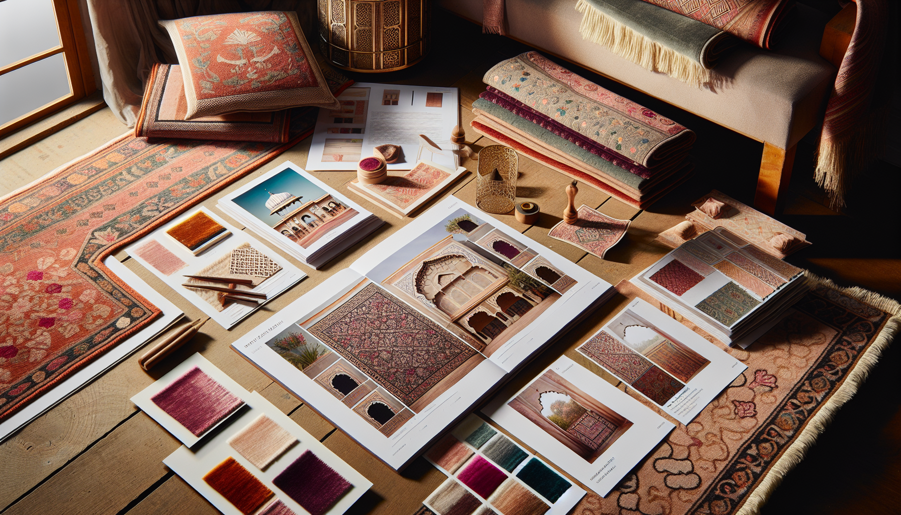 A well-assembled mood board that includes items from Jaipur Rugs, designs inspired by traditional Rajasthani jaali work, and samples of velvet fabric. The mood board is placed on a wooden table, set for a professional photo shoot that resembles the style found in an editorial magazine. The entire scene is bathed in warm, natural lighting, further enhancing the colors of the materials. The aesthetic and composition of the items aim to produce a high-quality, 4K image.