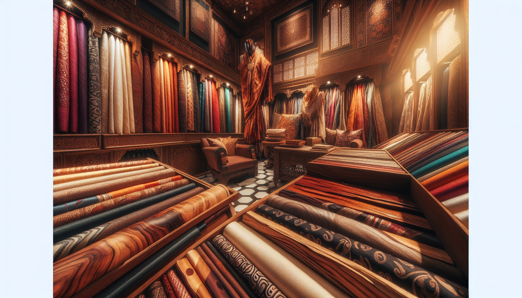Explore the intricate interiors of a South-Asian craft store in India showcasing a vast variety of textures and materials. Picture this - samples of sheesham wood showcasing unique grain patterns, and swatches of lustrous silk fabric showcasing rich hues, all under the glow of warm natural lighting. This is an image fit for a high-end editorial magazine, embracing the richness and diversity of Indian craftsmanship. Picture everything in 4K quality, bringing out even the finest details of the items on display.