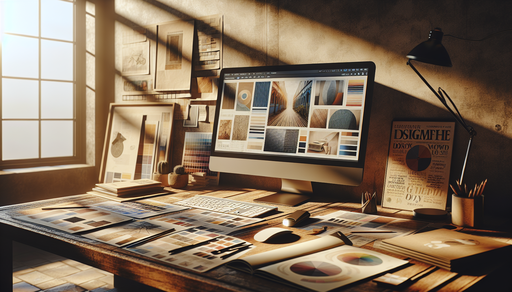 A digital workspace environment bathed in warm, natural lighting. The focus should be a computer where a mood board is being created using a graphic design software, with the tactile texture of sample materials and the rough drafts of sketches scattered around. Additionally, an editorial style photograph from a vintage magazine should be visibly laid out near the workspace. The scene should convey an ongoing creative process and the resolution should be high, equivalent to 4K.