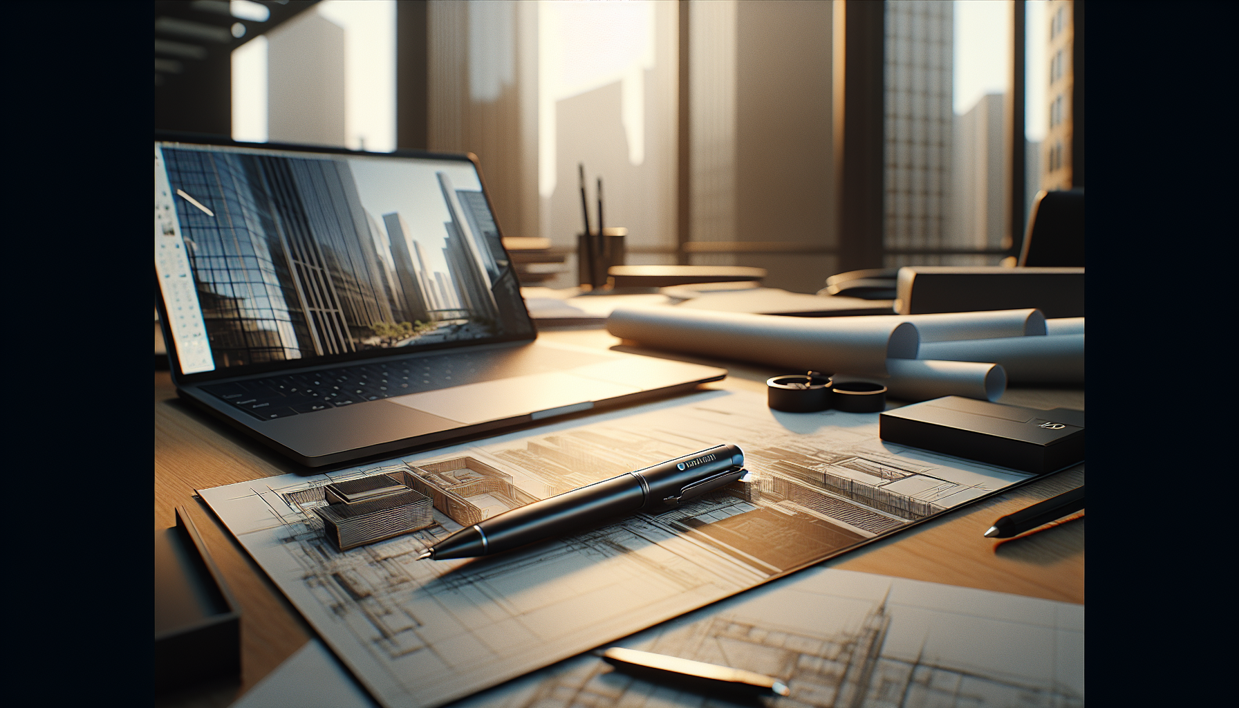 A Staedtler pen is resting on a contemporary office table in a city known for its modern architecture. The desk is strewn with architectural drawings and a sleek laptop. It's an editorial-style photograph, bathed in warm, natural light, aiming to capture the vibe of a busy architect's workspace. The scene is intended for a 4K resolution, ensuring the details of the desk accessories and sketches are crisp and clear, replicating the meticulous nature of an architect's work.
