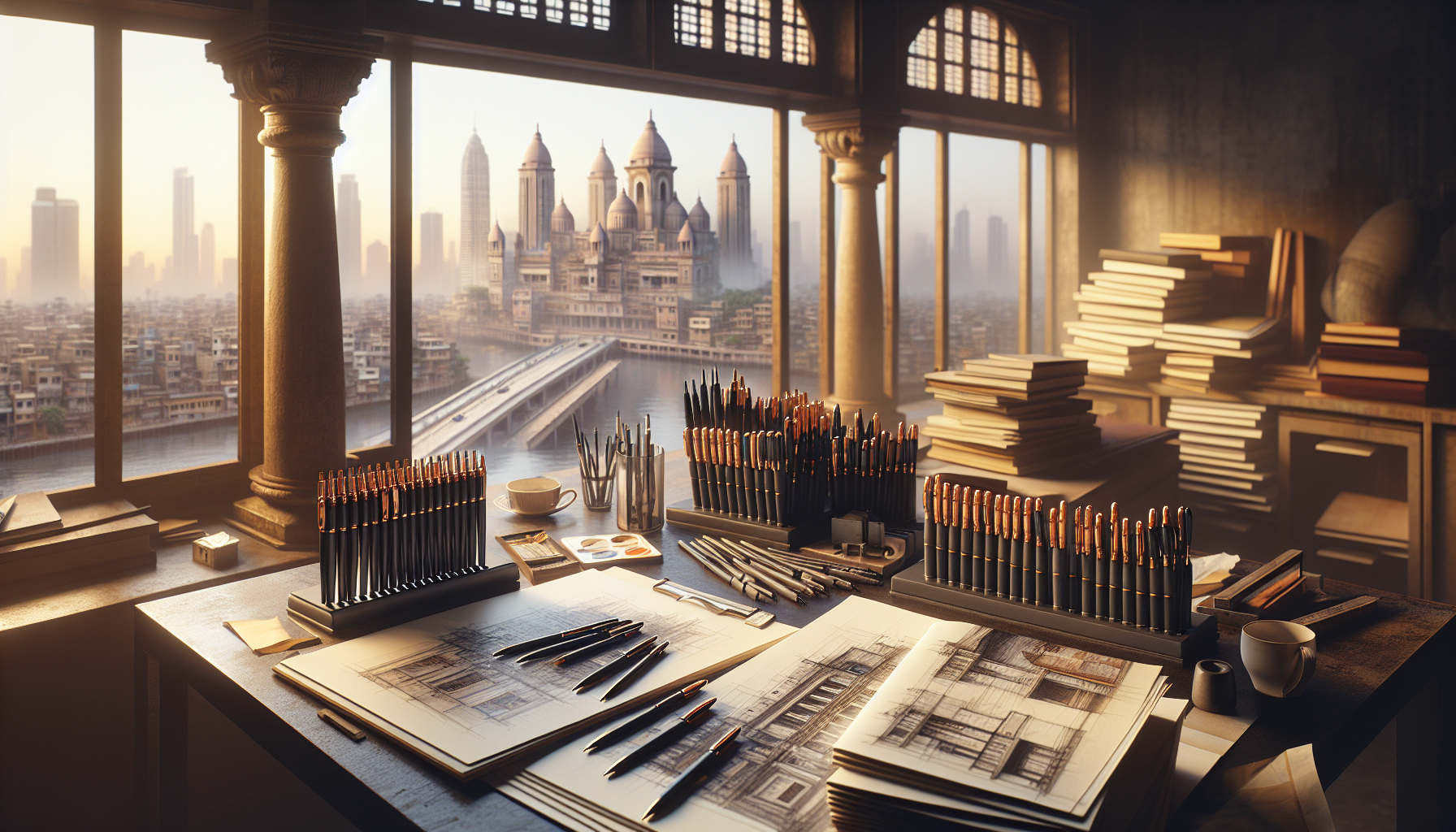 An architect's workspace set with the subtle elegance of warm, natural lighting. The scene meticulously features sketching tools with a particular highlight on sets of pens, perhaps akin to the charm of Faber-Castell. Piles of sketchbooks imply the architect's dedicated work. Contributing to the allure of the picture is an expansive window view, through which an Indian cityscape reveals itself, resplendent in its vast functionality and intricate design. This composition is of exceptional visual quality, close to a 4K editorial magazine photograph, emphasizing the solitude and creativity of the architect's practice.