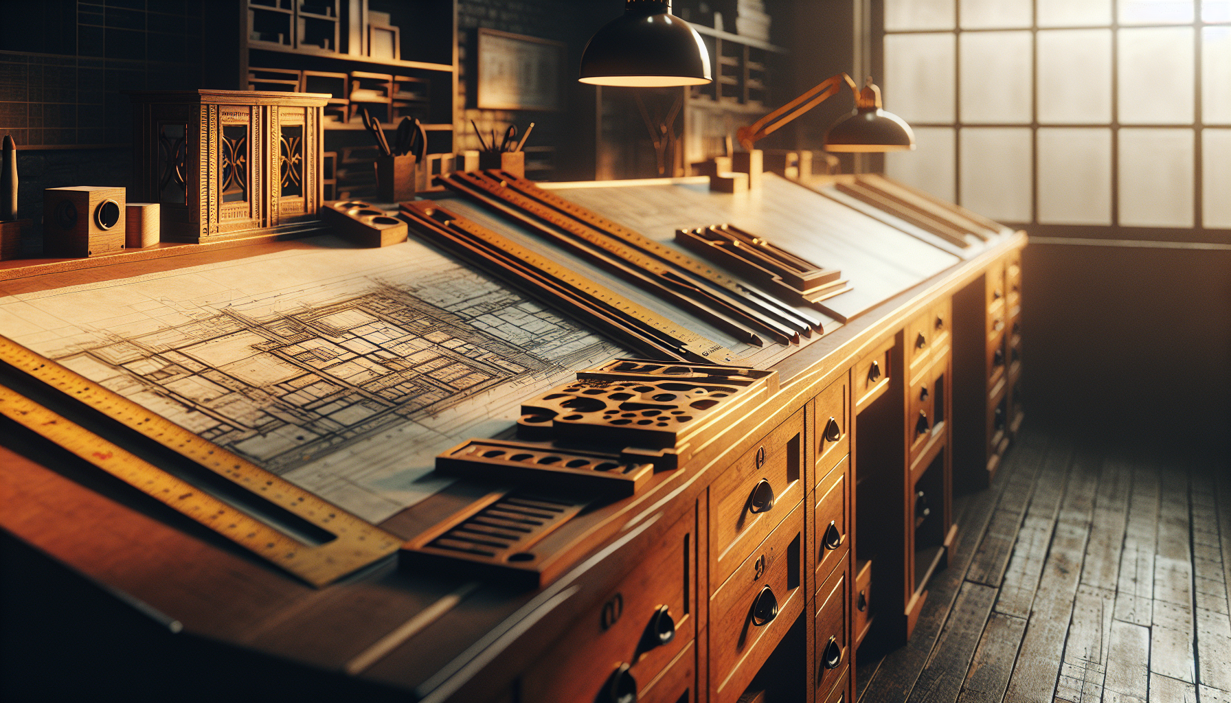 A warm-lit 4K image showcasing an architect's office in Mumbai. The detail is high quality, displaying drafting tables adorned with scale rulers. The office exudes a blend of traditional and modern design elements, hinting at the harmonious unity of old and new aesthetics in architecture. It has the distinctive yet subtle composition of an editorial magazine photograph.