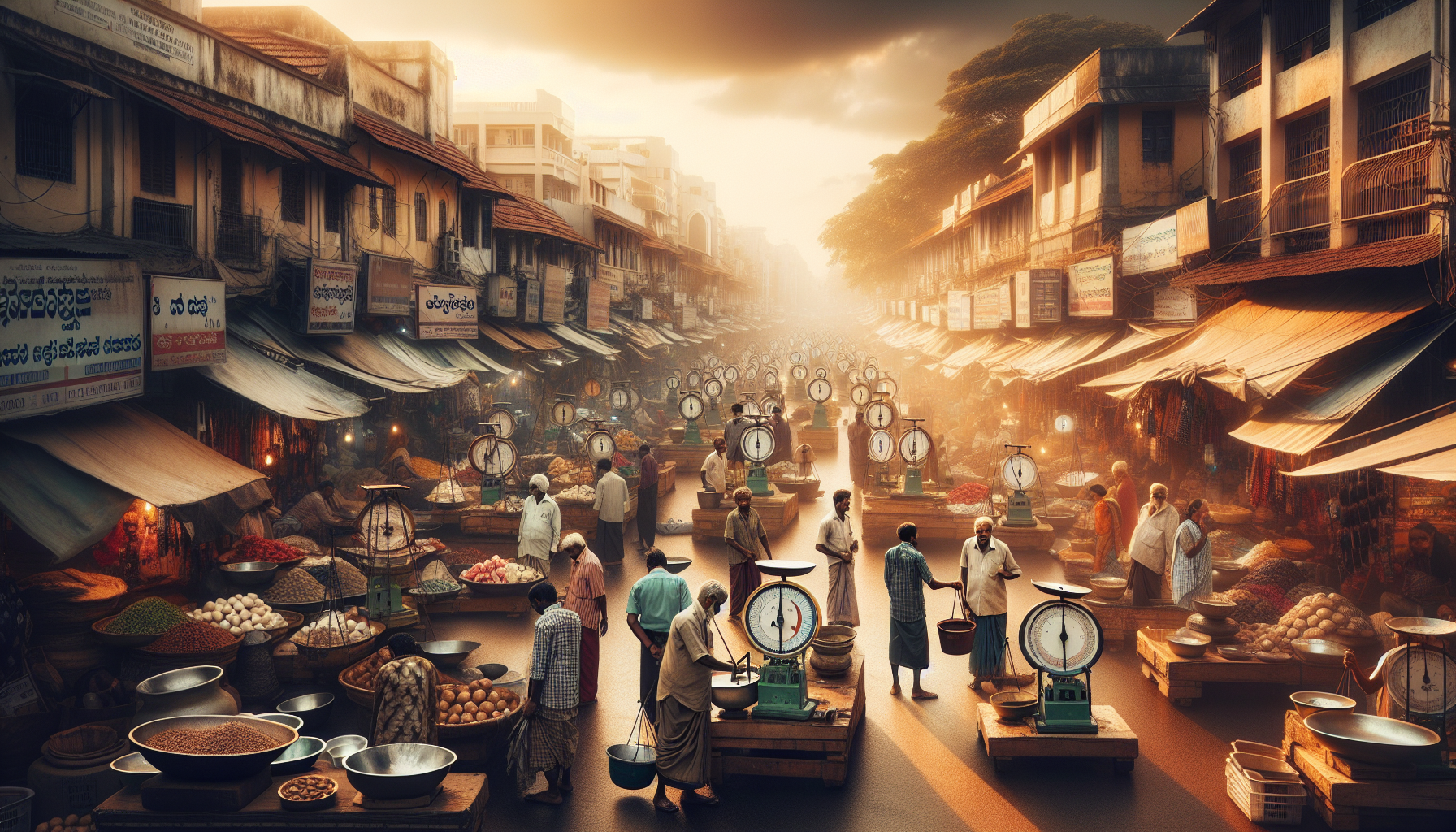A bustling marketplace in Bengaluru's Avenue Road filled with vendors, each offering scale rulers. This scene is alive with dynamic vigor showcasing the traditional market setting typical of India. The image exudes a homely warmth derived from natural lighting, reflecting the golden hour glow, lending a profound depth and richness to the scene. The aesthetics of this scene are reminiscent of a high-quality editorial magazine photograph. The visual entirety should be rendered in 4K resolution detail, truly capturing the essence of this prolific and culturally diverse moment.