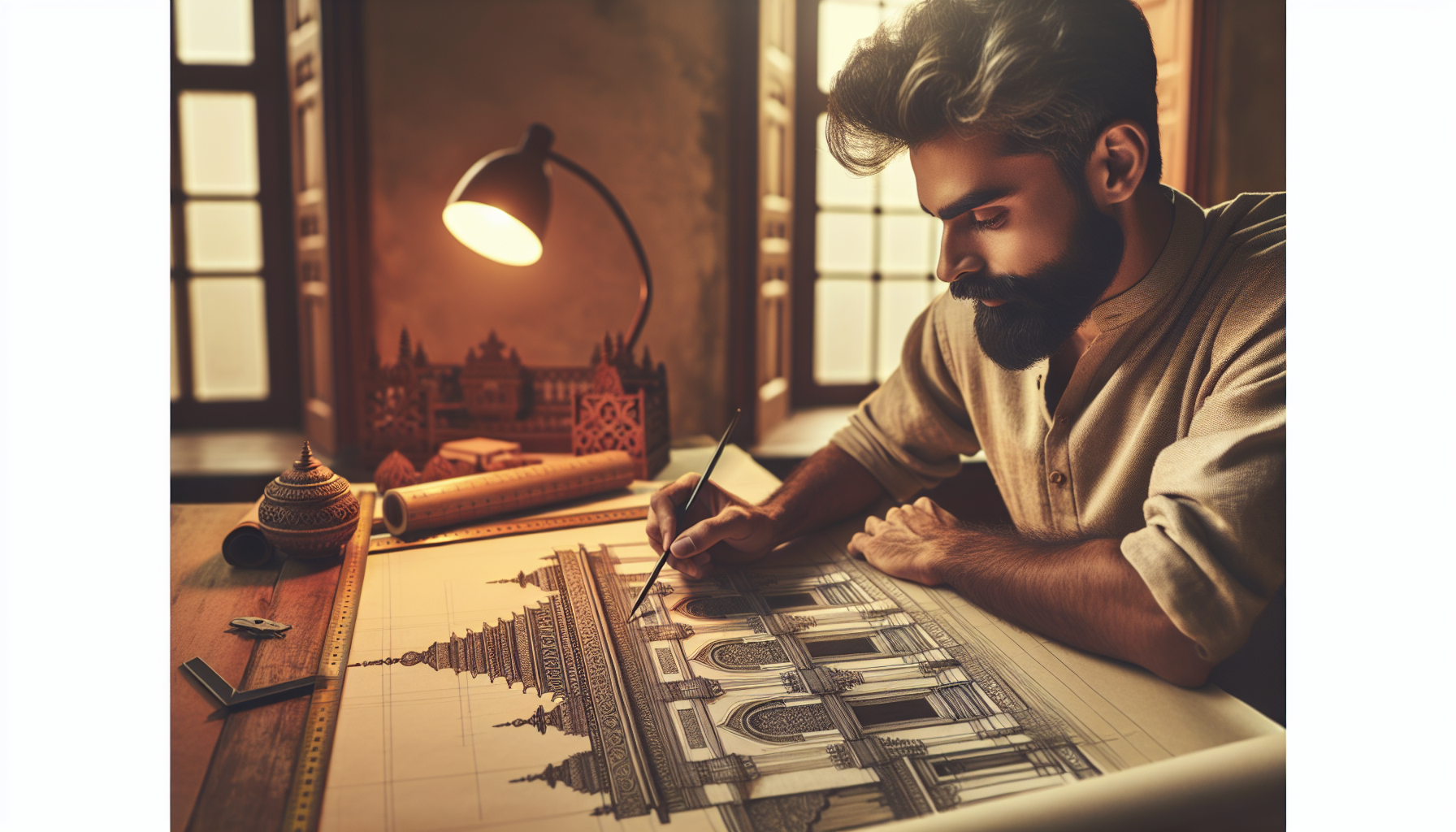 An image presenting a South Asian descent architect, who is deeply engrossed in sketching the intricate patterns of a Chettinad mansion with a scale ruler. He is imaginatively fusing elements of heritage and modern design. This could be a high quality, editorial magazine photograph, with warm natural lighting lending a cozy ambiance to the scene. The image should be finely detailed and mimics a 4K resolution experience.