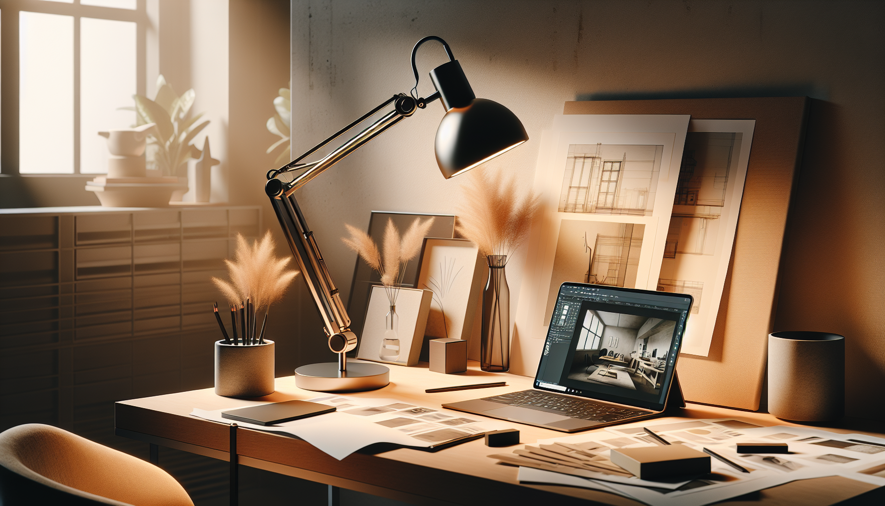 An aesthetically pleasing desk arrangement featuring a sleek, adjustable lamp reminiscent of those found at Urban Ladder. The setup is further adorned by design sketches scattered around and a high-tech laptop. The scene captures an editorial magazine quality image bathed in warm, natural lighting. The entire scene is rendered in 4K resolution for high quality.