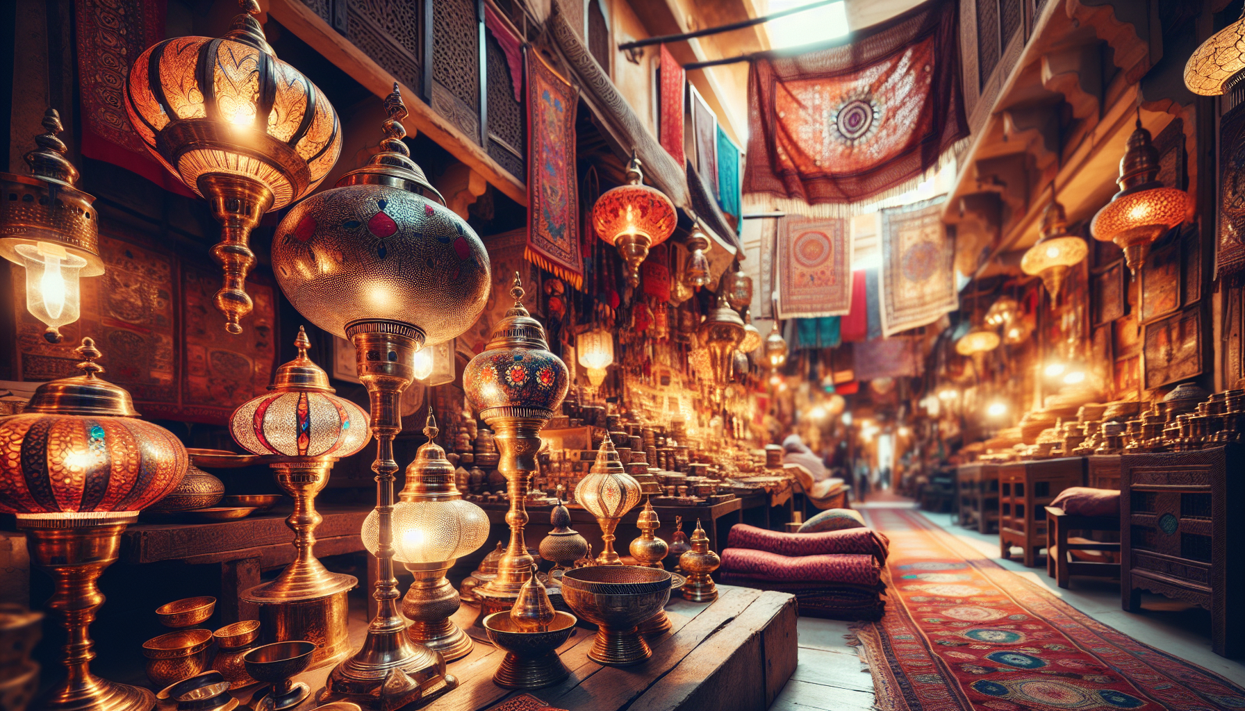 A contextually rich and vibrant scene capturing the essence of a bustling market in Jaipur. The market is abundant with traditional Indian decor elements. Beautifully crafted brass lamps are prominent, reflecting their exquisite craftsmanship. The scene is bathed in warm, natural lighting, accentuating the colors and passionate ambiance of the place. This setting is intended to be portrayed in an editorial style, resembling a high quality magazine photograph. The required resolution for this picturesque imagery is 4K.