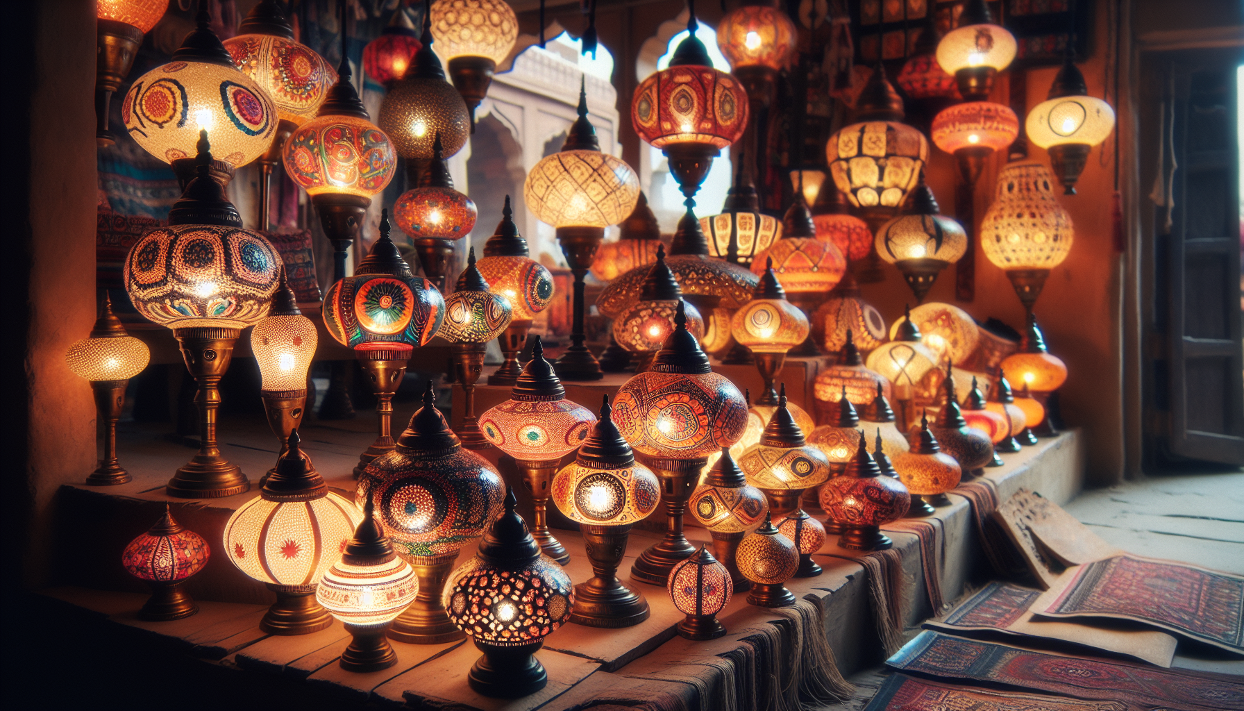 A variety of handmade lamps representing the regional craftsmanship displayed at a traditional Delhi market, demonstrating an array of colourful and detailed designs. The scene is shot as an editorial magazine photograph, basking in the glow of warm natural lighting. The image should emulate a 4K high-quality resolution, emphasizing the beauty of these artisanal pieces.