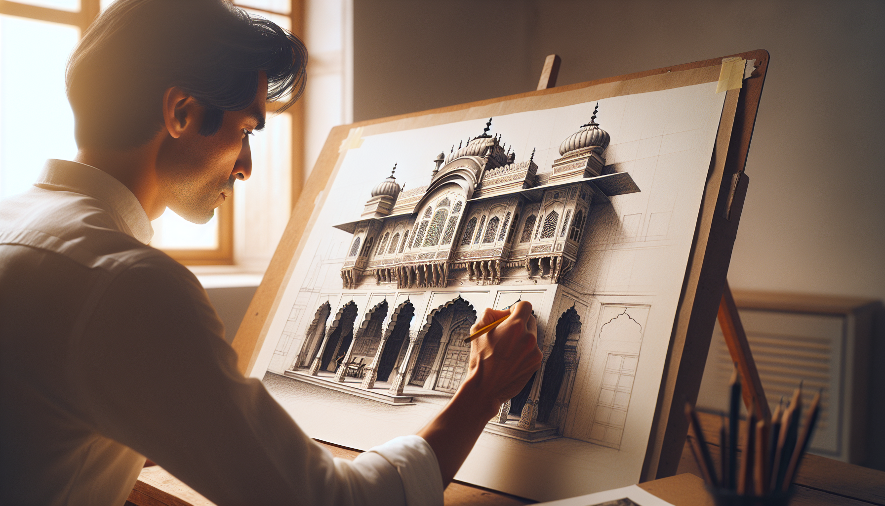 An image showcasing an Asian architect sketching a Rajasthani haveli using a 2H pencil. The drawing emphasizes the intricacies of delicate arches, the unique architectural style charms in its details. The scene is depicted as if it's a photograph for an architecture magazine, with warm, natural lighting gracefully cascading over the paper and the architect's focused figure. The image aims to portray a sophisticated atmosphere akin to a professional photoshoot yet retains an intimate, personal touch. This should result in a high-quality, 4K resolution image.
