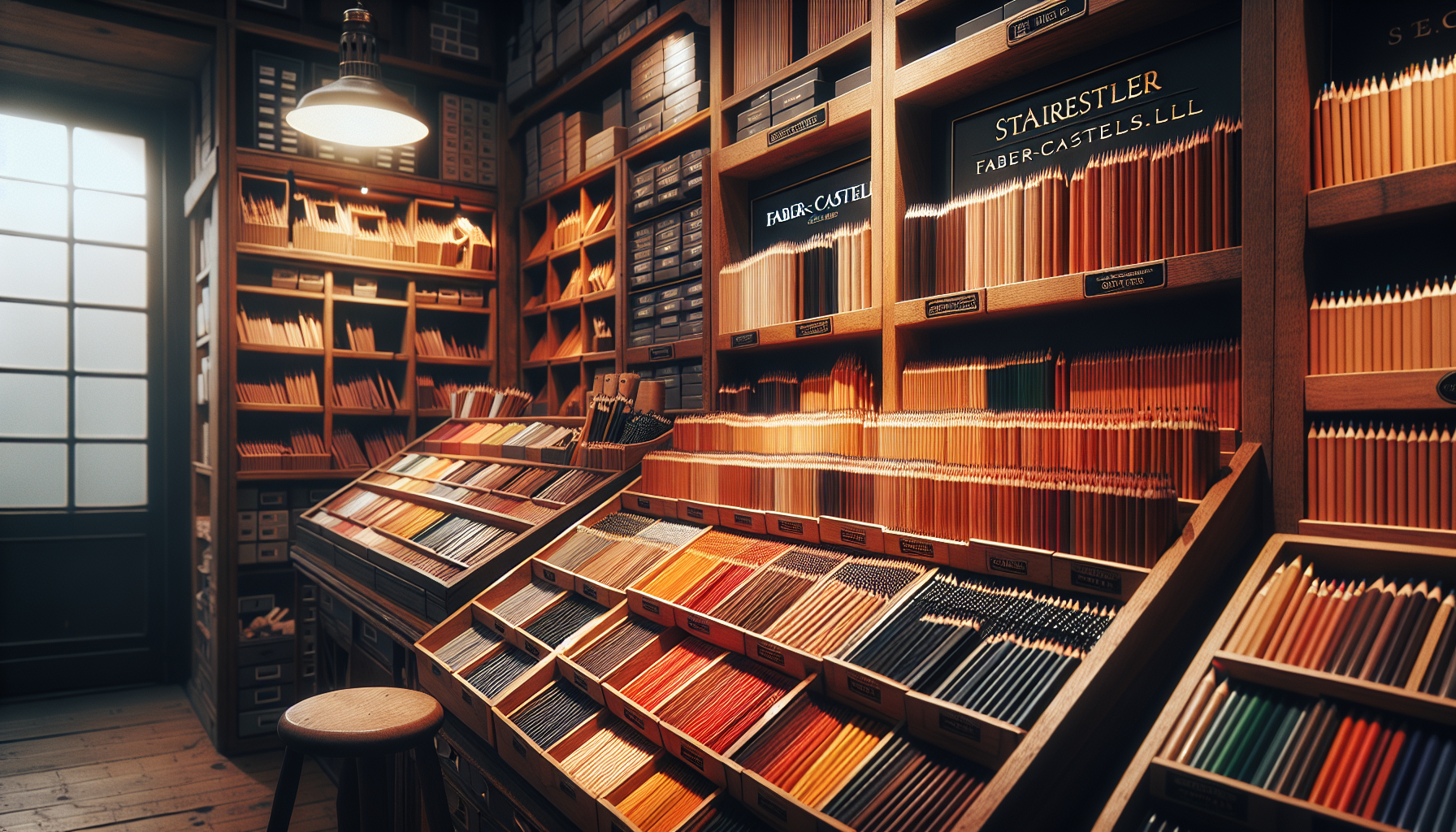 A high-quality 4K image depicting a quaint retail store in Kolkata. The focal point is a variety of graded pencils from Staedtler and Faber-Castell, arranged neatly on wooden shelves. The lighting is warm and natural, bathing the pencils in a warm glow that enhances their display. The image is composed with an editorial magazine aesthetic in mind, emphasizing the texture and quality of the pencils, the grain of the wood, and the atmospheric lighting.