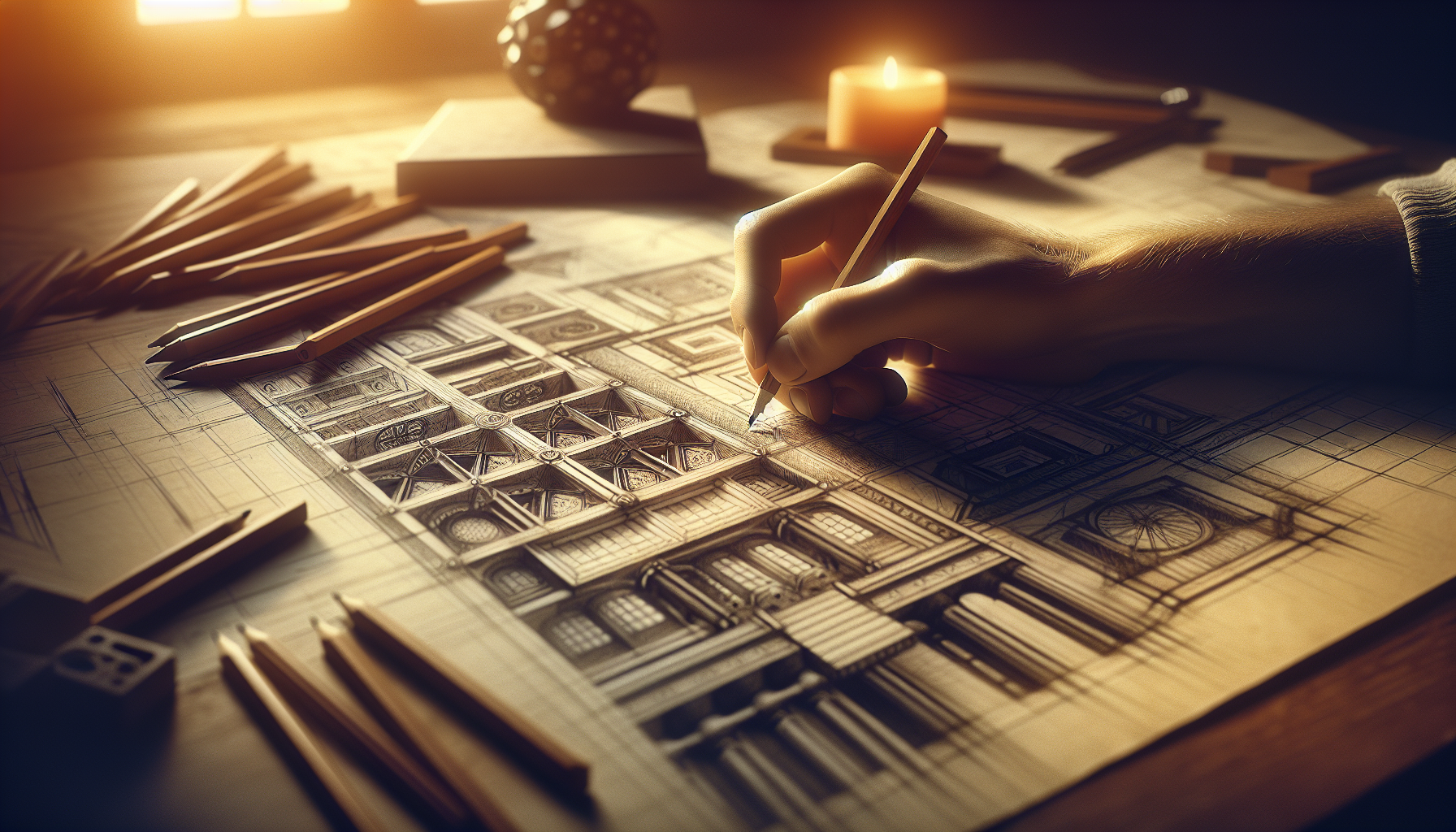 Generate a high-quality, 4K image showcasing a close-up shot of a hand, intricately drawing designs with a graphite pencil. The scene is set amidst a variety of architectural sketches that demonstrate meticulous detail and superior craftsmanship. The scene is lit with warm, natural light that exudes a comforting atmosphere. This beautiful scene is reminiscent of an editorial magazine photograph due to its professional composition and striking balance between subject and surroundings.