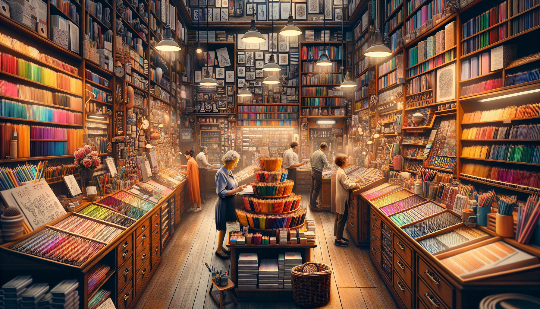 Imagine a bustling stationery store located in the busy streets of Kalbadevi, Mumbai. The shop is full of vibrantly displayed pencils and drafting tools. The lighting is warm and natural, setting a peaceful ambiance in the midst of the bustling environment. This scene resembles an editorial magazine photograph, composed with detail and precision. The image is of high quality and designed for a 4K resolution. The store has a rich variety of customers, such as a middle-aged Caucasian woman browsing through the notebooks, a Hispanic teenager choosing pencils, and a South Asian man examining the drafting tools.
