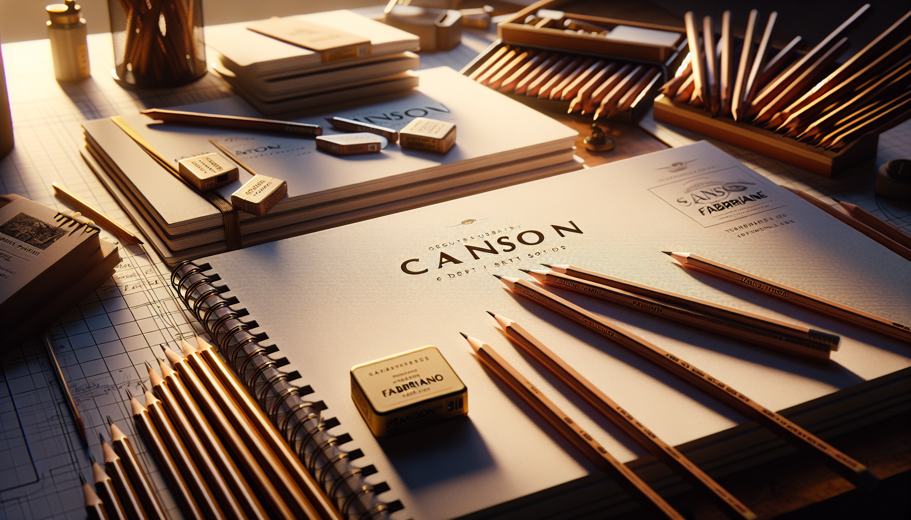 Create a close-up image of high-quality sketch pads from Canson and Fabriano laid out on a drafting table. The sketch pads are accompanied by several pencils. The image should exhibit the texture and detail of the sketch pads and pencils, as if the picture is featured in a high-end editorial magazine. The lighting should be warm and natural, creating an inviting atmosphere. The resolution of the image should be high-quality, comparable to 4K.