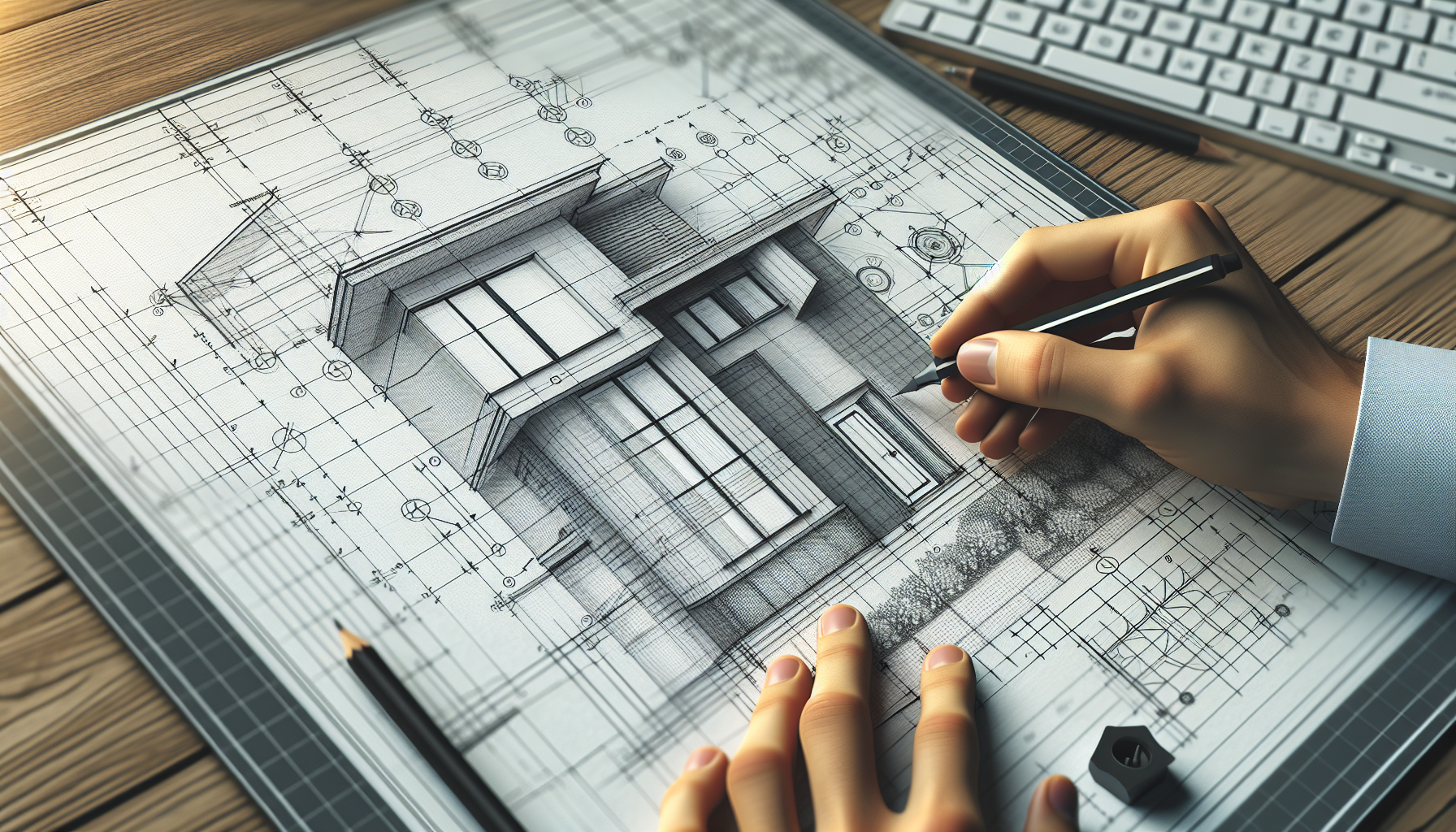 A detailed perspective of creating architectural sketches on a digital drafting software similar to ones used in 2024. The image depicts wall designs being drawn out with the help of grid and snap settings for precision. All elements from the software's modern flat interface to the clean digital illustration are of high quality, showcasing an advanced understanding of computer-aided design tools.