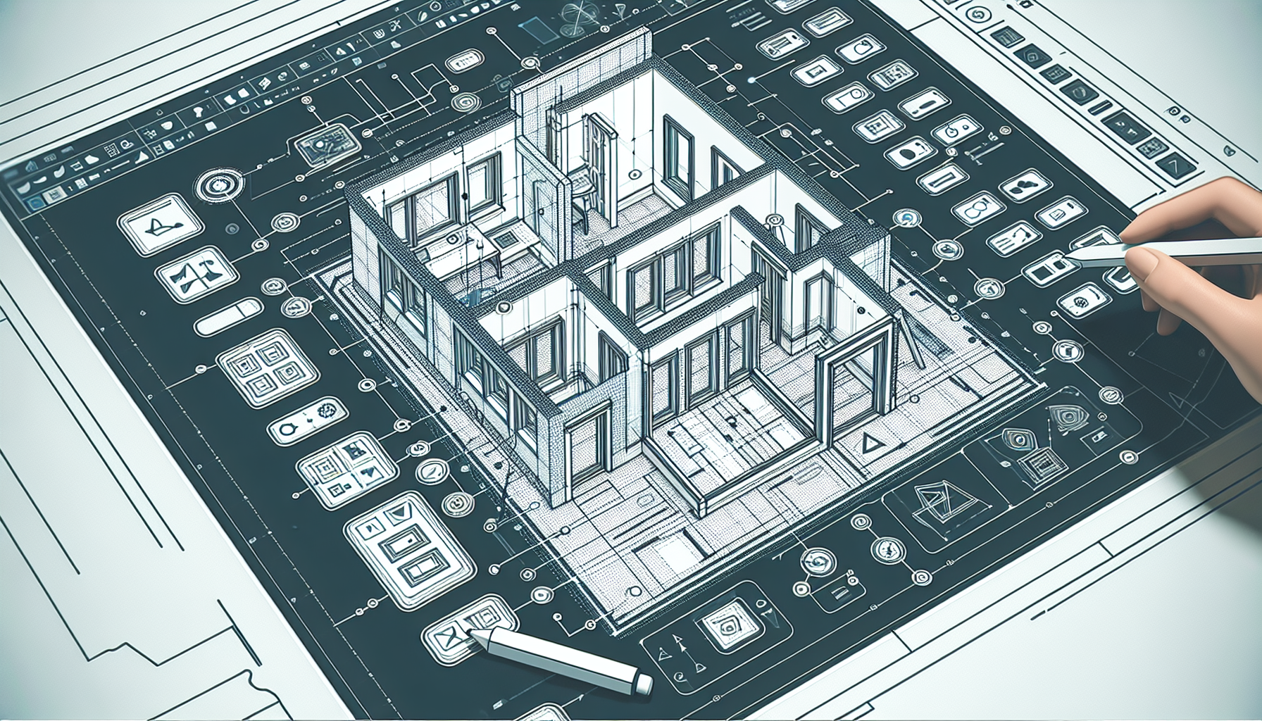 A whiteline digital illustration of an AutoCAD-like design interface, showcasing the process of adding doors and windows on a two-dimensional building plan. The software tools and commands are being utilized and highlighted, demonstrating the functions in action. The aesthetic should be modern and flat, ensuring a clean user experience. This image should project precision and high quality. Note that specifics of the interface must not imitate any existing software, but merely suggest the nature of a typical CAD program.