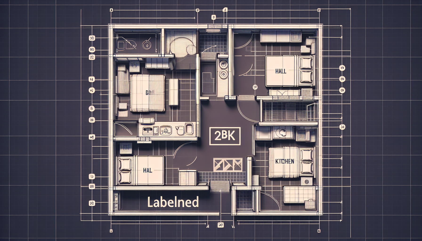 Generate an image of a labelled 2BHK (two-bedroom, hall, kitchen) floor plan that is emblematic of standard architectural labeling practices. The image should showcase a clean and modern flat design with the characteristics of a high-quality digital illustration, akin to the ones created using a professional design software like AutoCAD. Please note that the image does not need to display the actual software interface, but instead wireframe the design to mimic its aesthetic.