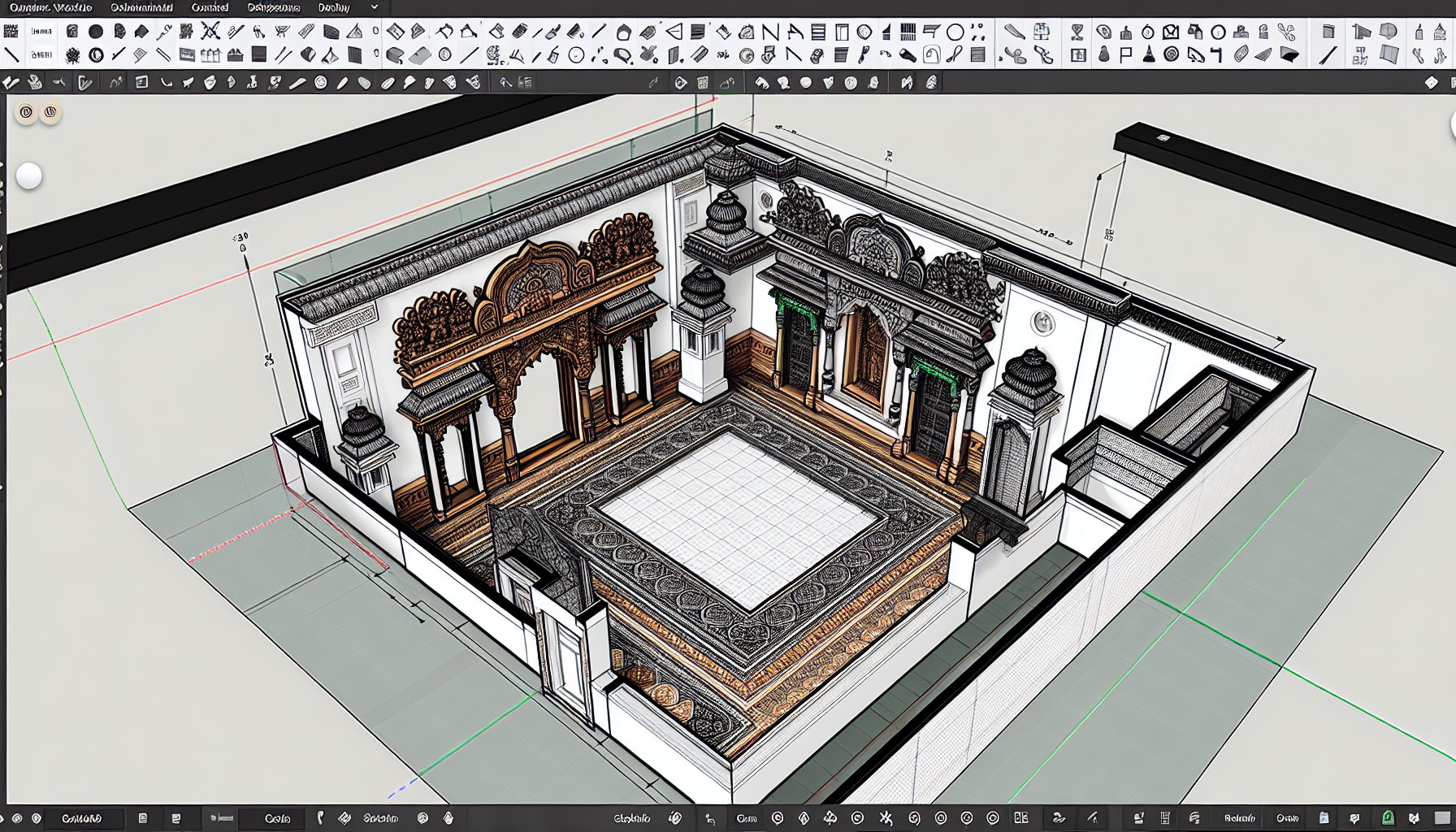 An intricately detailed digital illustration of a 2m x 2m floor plan for a pooja room, incorporating traditional Indian architectural motifs. The image should depict the SketchUp workspace, showcasing various tools and options for customising and designing the floor plan. The workspace should be clean, clear and organized in a user-friendly manner. The digital illustration should be of high quality, with precise details and smooth edges, providing a professional, crisp and neat rendering of the floor plan and workspace.