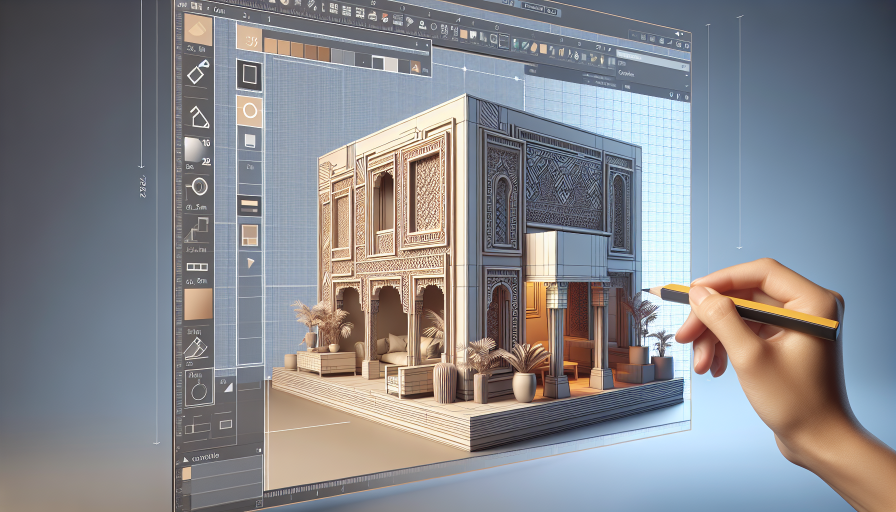 A high-resolution, screenshot-styled image of a digital 3D model designing interface similar to architectural software, where walls are being raised to 2.5m height. The modelled space should embody modern flat design principles and be evocative of Indian decor styles, featuring characteristic decorative elements and patterns.