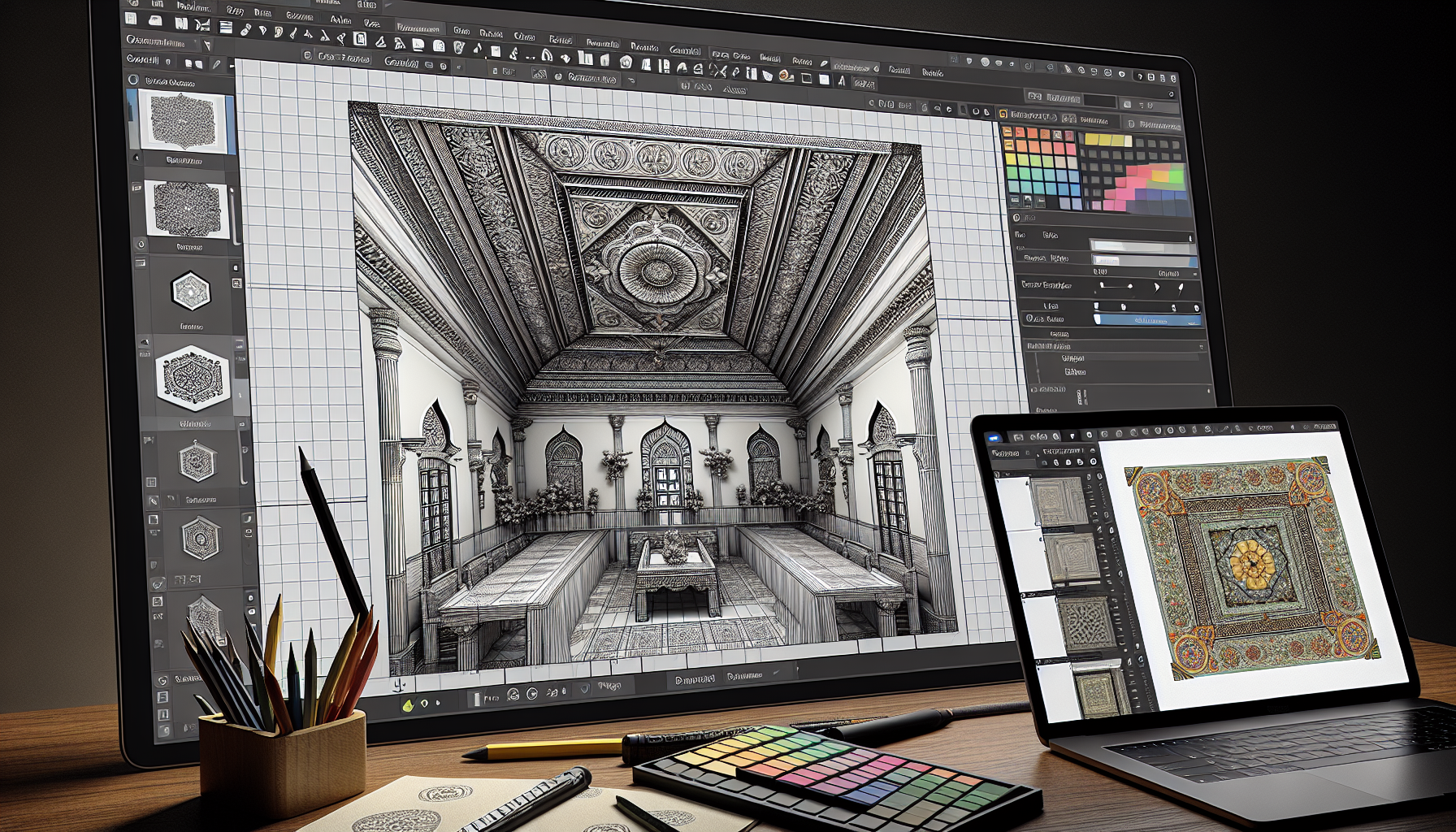 Create a detailed and realistic digital illustration portraying an interface view of a 3D modeling software. The screen is focused on designing a ceiling for a pooja room. The design is deeply influenced by traditional Indian elements, showcasing intricate patterns and decorations commonly found in Indian architecture. The software toolbox and options are visible on the screen, giving a working environment feel. The quality of the rendition is high.